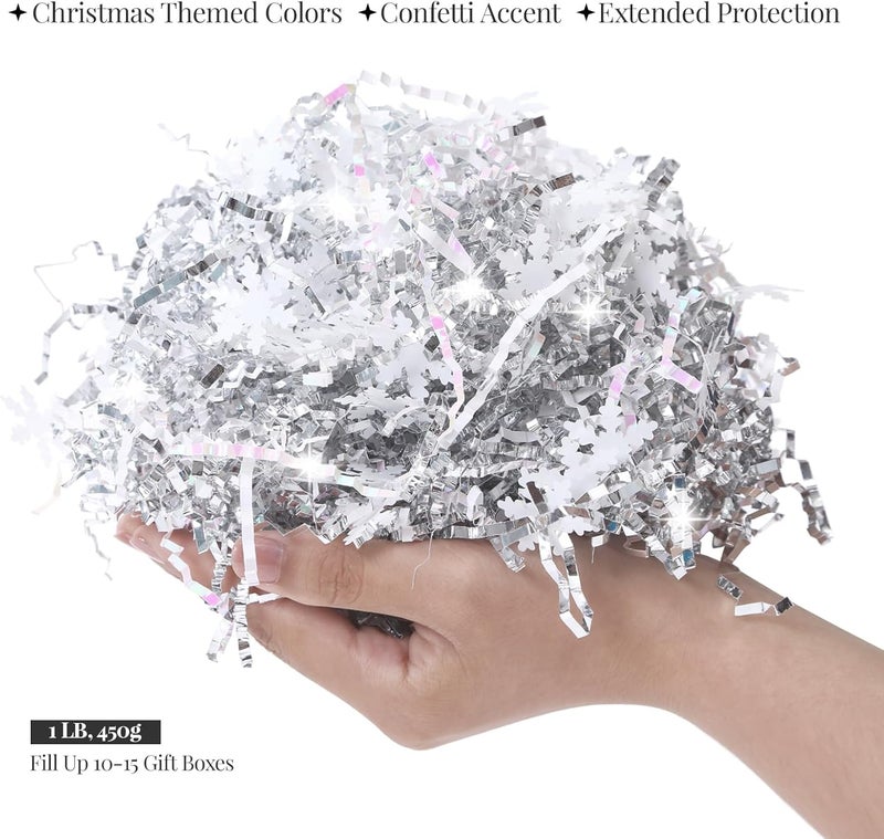 PAPER FAIR 1LB Metallic Silver Diamond White Crinkle Cut Paper Shred Filler w/Snowflake Confetti, Christmas Gift Wrap Packaging Strand, Craft Bedding Cushion, Birthday Box Basket - Image 5